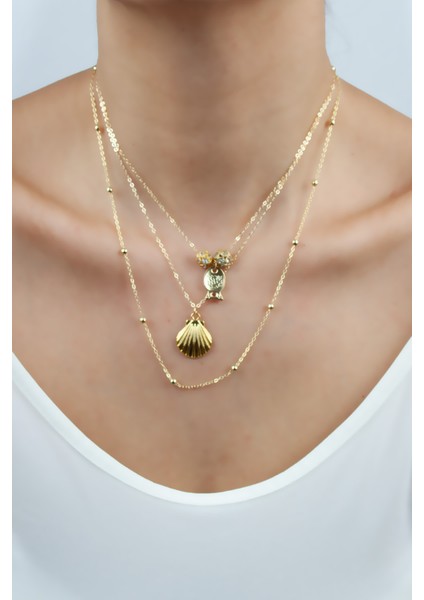Üç Sıralı Ince Zincir Balık ve Istiridye Figürlü Gold Kolye fırsatları