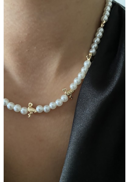 Gold Flamingo Figürlü Inci Kolye fiyatları