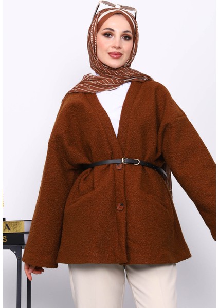 Kahverengi Kemerli Oversize Buklet Ceket