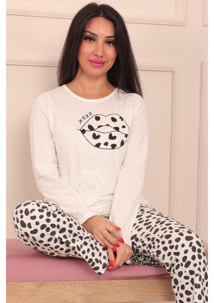 Kadın Dudak Baskılı Bisiklet Yaka Uzun Kol Altı Uzun Penye Pijama Takımı