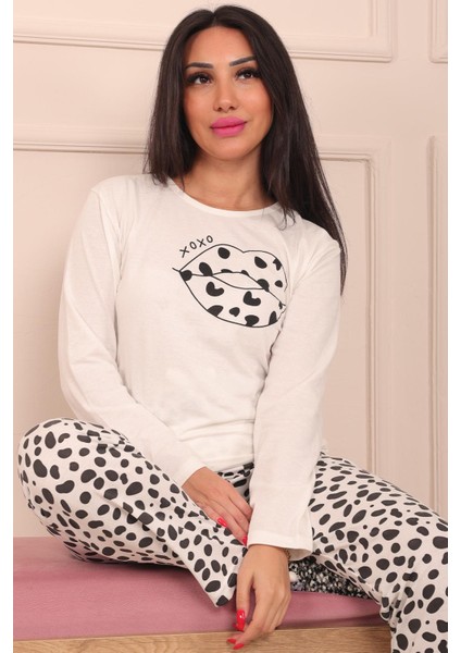 Kadın Dudak Baskılı Bisiklet Yaka Uzun Kol Altı Uzun Penye Pijama Takımı fiyatları