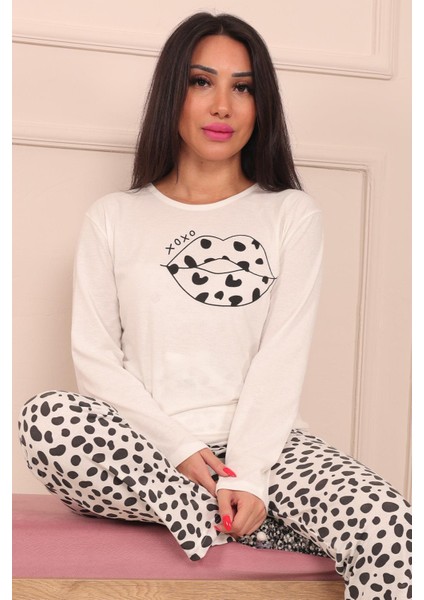 Kadın Dudak Baskılı Bisiklet Yaka Uzun Kol Altı Uzun Penye Pijama Takımı modelleri