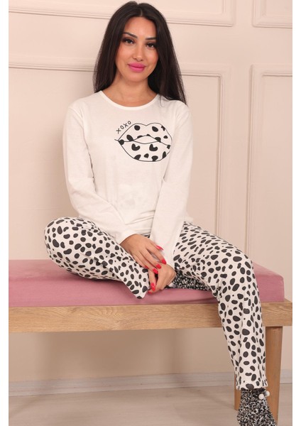 Kadın Dudak Baskılı Bisiklet Yaka Uzun Kol Altı Uzun Penye Pijama Takımı fırsatları