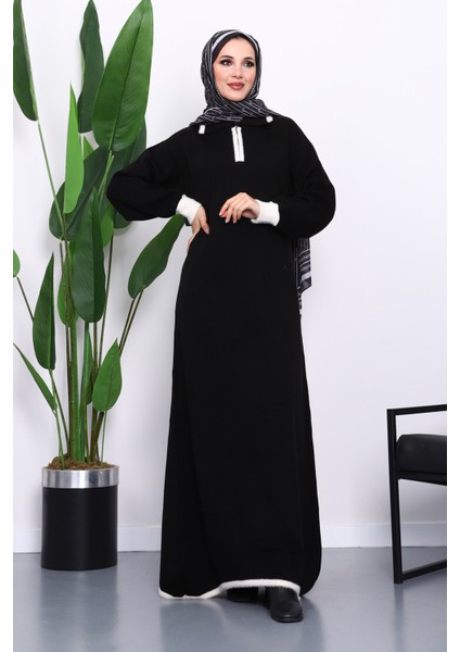 Siyah Gömlek Yaka Fermuarlı Triko Elbise