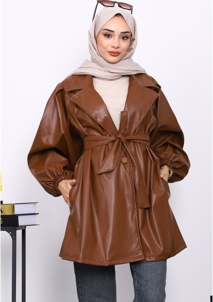 Taba Balon Kol Kuşaklı Deri Ceket