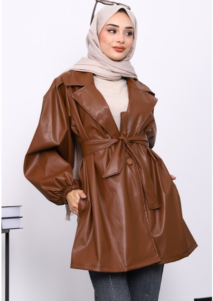Taba Balon Kol Kuşaklı Deri Ceket modelleri