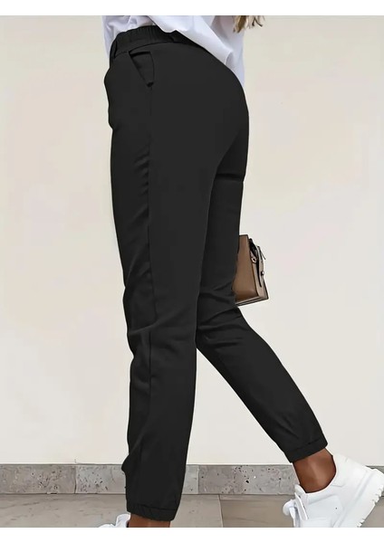 Kadın Yüksek Bel Önden Düğmeli Cepli Bilek Lastik Detay Atlas Pantolon modelleri