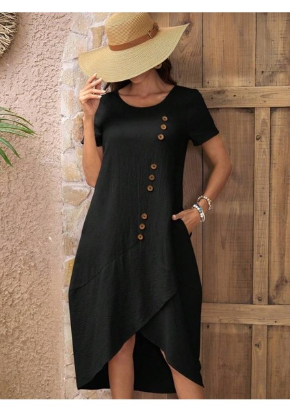 Kadın Kısa Kollu Bisiklet Yaka Düğme Detay Müslim Elbise fiyatları