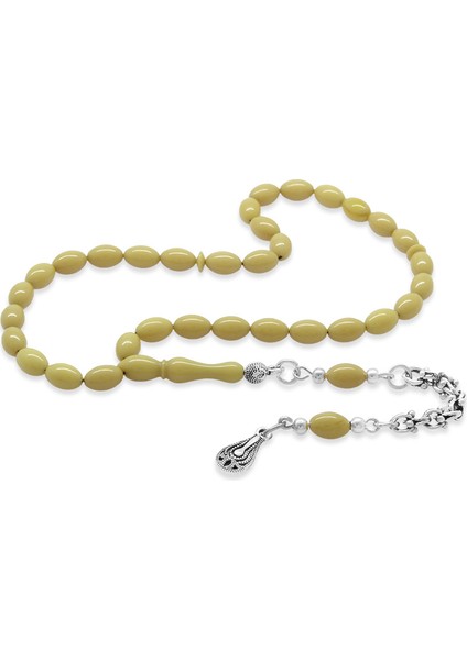 Kararmaz Metal Arnavut Zincir Püsküllü Arpa Kesim Hardal Rengi Mini Boy Ateş Kehribar Tesbih