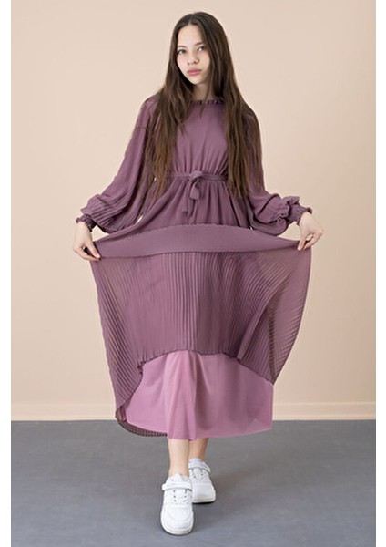 Kız Çocuk Elbise Fırfırlı Yaka ve Kuşak Detayı ile Özel Günler İçin