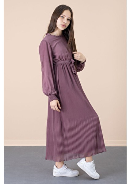 Kız Çocuk Elbise Fırfırlı Yaka ve Kuşak Detayı ile Özel Günler İçin