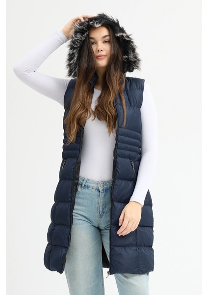 Kadın Lacivert Kapüşonlu Uzun Şişme Yelek