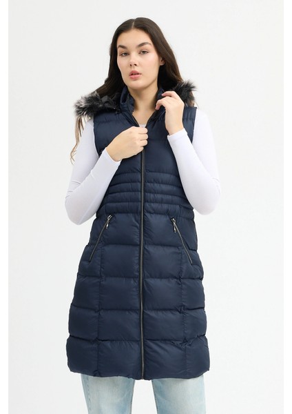 Kadın Lacivert Kapüşonlu Uzun Şişme Yelek fiyatları