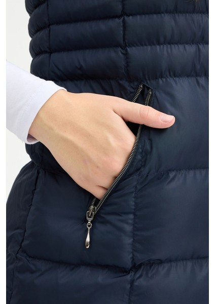 Kadın Lacivert Kapüşonlu Uzun Şişme Yelek modelleri