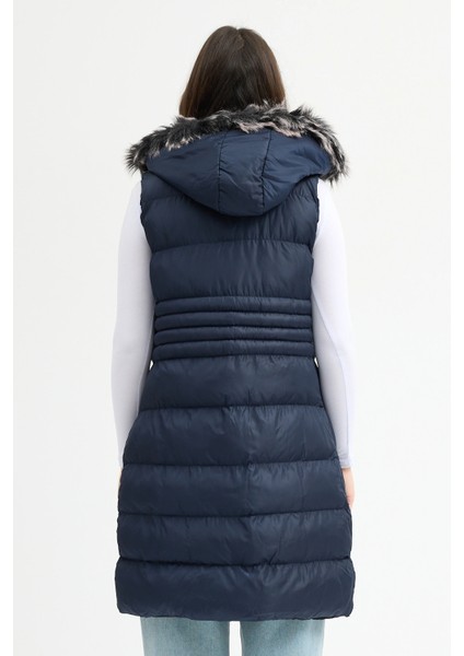 Kadın Lacivert Kapüşonlu Uzun Şişme Yelek fırsatları