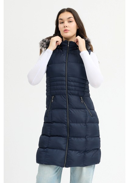 Kadın Lacivert Kapüşonlu Uzun Şişme Yelek indirimleri
