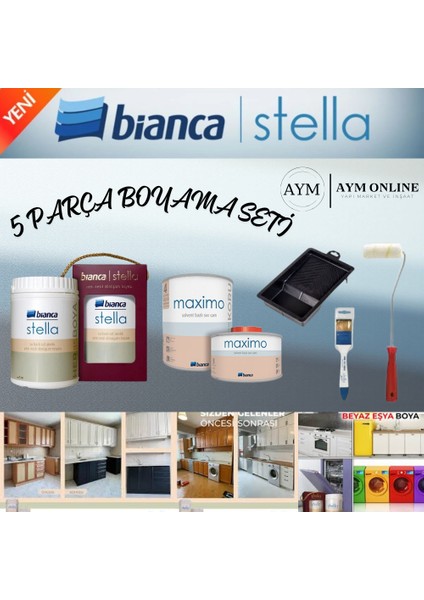 Stella Yeni Nesil Dönüşüm Boyası Avantajlı Boya Seti 1 Litre Boya - 0,5 Litre Maximo Vernik - Boya Tavası - Kadife Rulo - Ipek Fırça Cephe-Dönüşüm-Mutfak-Banyo-Plastik-Ahşap
