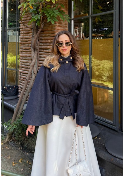 Gold Düğmeli Denim Panço Lacivert fiyatları