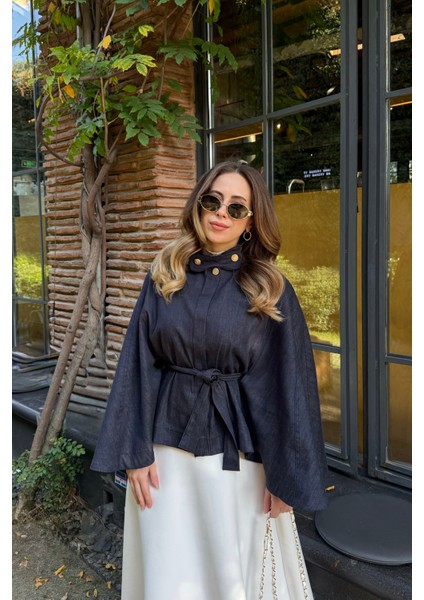 Gold Düğmeli Denim Panço Lacivert indirimleri