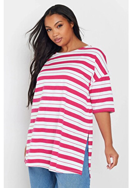 Büyük Beden Bisiklet Yaka Kısa Kollu Yanları Yırtmaçlı Çizgili T-Shirt 303945