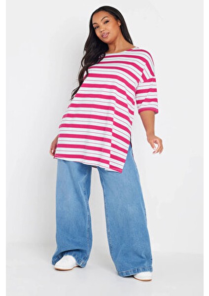 Büyük Beden Bisiklet Yaka Kısa Kollu Yanları Yırtmaçlı Çizgili T-Shirt 303945 fiyatları