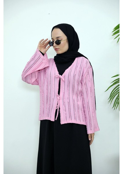 Pileli Ön Iki Bağlamalı Tunik-Pembe