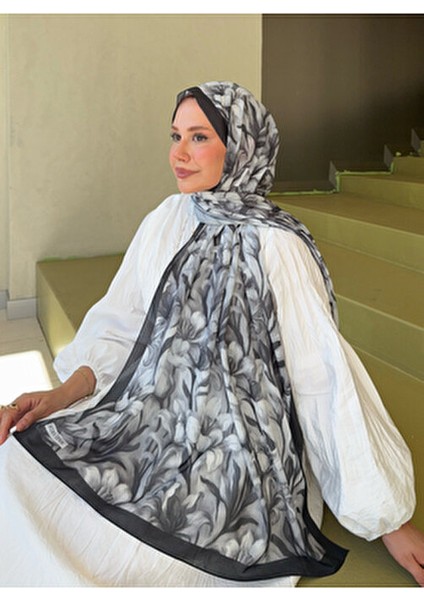 Fransız Ipeği Desenli Dökümlü Şal Siyah Beyaz