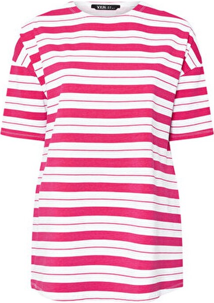 Büyük Beden Bisiklet Yaka Kısa Kollu Yanları Yırtmaçlı Çizgili T-Shirt 303945