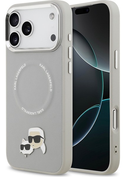 iPhone 17 Pro Kılıf Karl Lagerfeld Lisanslı M-Safeli Metal Kamera ve Buton K&c Pu Deri Kapak Gri