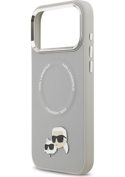 iPhone 17 Pro Kılıf Karl Lagerfeld Lisanslı M-Safeli Metal Kamera ve Buton K&c Pu Deri Kapak Gri