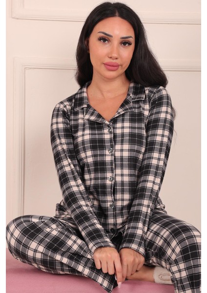 Kadın Ekose Desenli Önü Düğmeli Süet Pijama Takımı