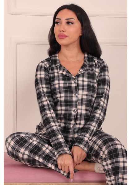 Kadın Ekose Desenli Önü Düğmeli Süet Pijama Takımı fiyatları