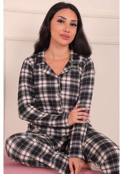Kadın Ekose Desenli Önü Düğmeli Süet Pijama Takımı modelleri