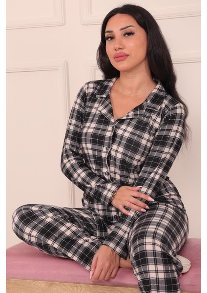 Kadın Ekose Desenli Önü Düğmeli Süet Pijama Takımı fırsatları