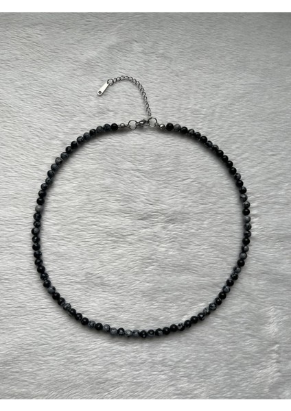 Minimal Kar Obsidyen Taşı Çelik Aparatlı Kolye El Yapımı