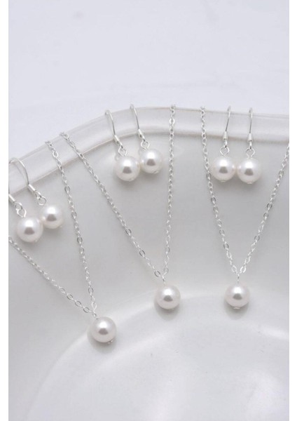 Loria Gümüş Lak Kaplama Inci Kolye Küpe Takı Seti