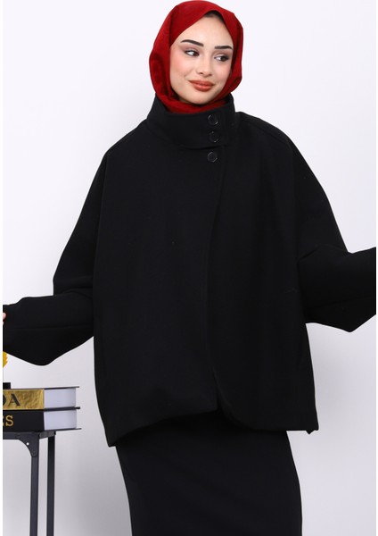 Siyah Cepli Oversize Kaşe Kaban
