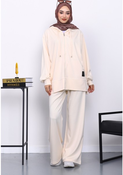 Krem Fermuarlı Tunik Pantolonlu Takım