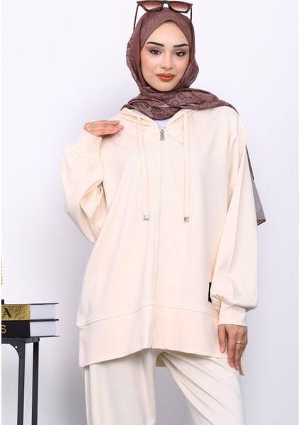 Krem Fermuarlı Tunik Pantolonlu Takım modelleri