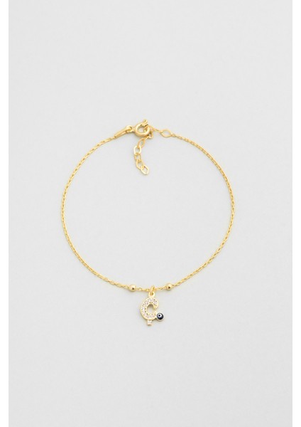 Ç Harfi 18 Ayar Sarı Altın Kaplama 19 cm Gümüş Nazar Bileklik