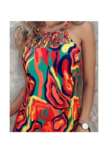 Kadın Omuzlardan Açık Çapraz Şerit Detaylı Desenli Süprem Elbise fiyatları