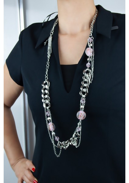 Ince Kalın Zincir Kombinasyonlu Uzun Kadın Kolye