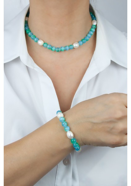 Gerçek Inci ve Aqua Marin Doğaltaş Kolye Bileklik Set