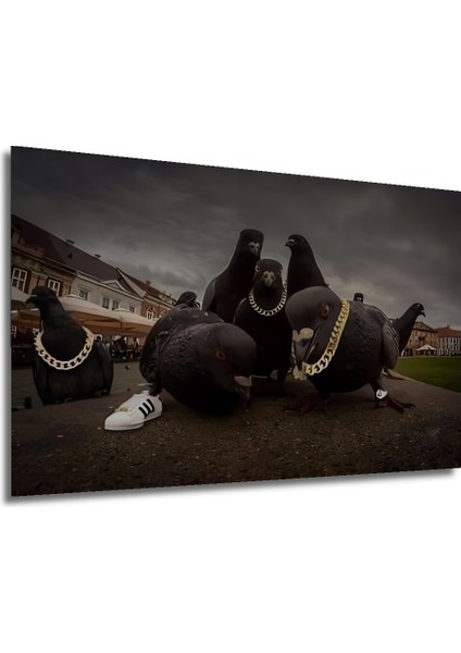 Gold Zincir Güvercin Sürüsü Yağlı Boya Görünümlü Ahşap Dekoratif Tablo Dikdörtgen Tablo fırsatları