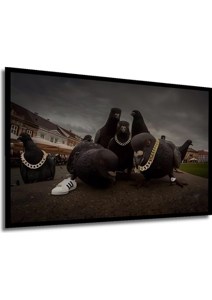 Gold Zincir Güvercin Sürüsü Yağlı Boya Görünümlü Ahşap Dekoratif Tablo Dikdörtgen Tablo