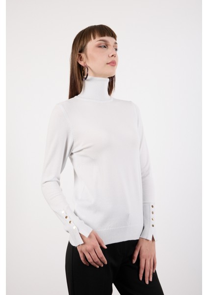 Kadın Beyaz Çıtçıtlı Kollu Balıkçı Yaka Triko Bluz fiyatları
