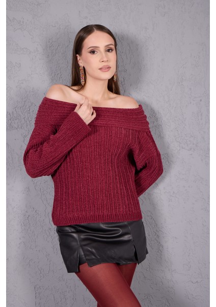 Kadın Bordo Şönil Kadife Carmen Yaka Triko Kazak