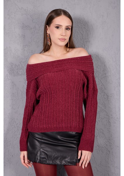 Kadın Bordo Şönil Kadife Carmen Yaka Triko Kazak fiyatları