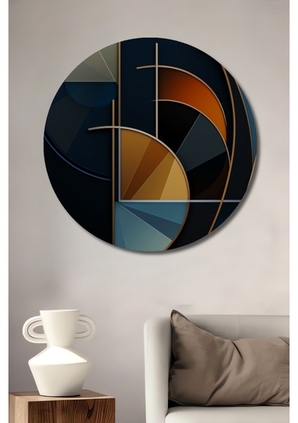 Altın Oranlı Soyut Sanat Yağlı Boya Görünümlü Dekoratif Ahşap Tablo Yuvarlak Tablo