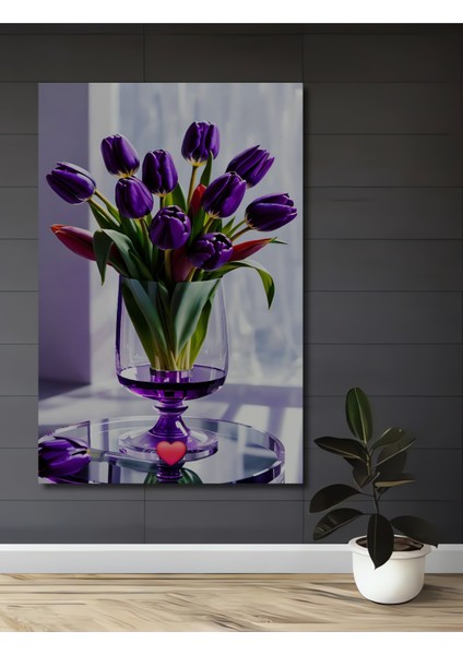 Mor Lale Buketi Yağlı Boya Görünümlü Ahşap Dekoratif Tablo Dikdörtgen Tablo